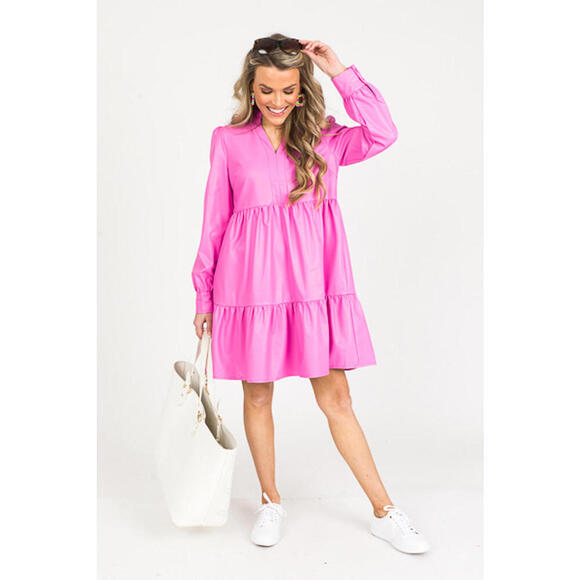 Karlie Pink Long Sleeve Tiered Dress Faux Leather Size Large - Picture 1 of 4